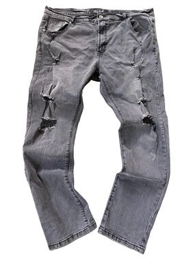 True Luck Mens Gray Charcoal Wash Distressed Slim Stretch Denim Jeans 36x30